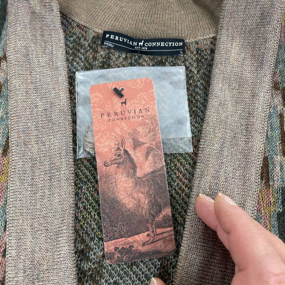 Peruvian Connection Taupe and Teal Patterned Open-Front Cardigan - Picture 4 of 13